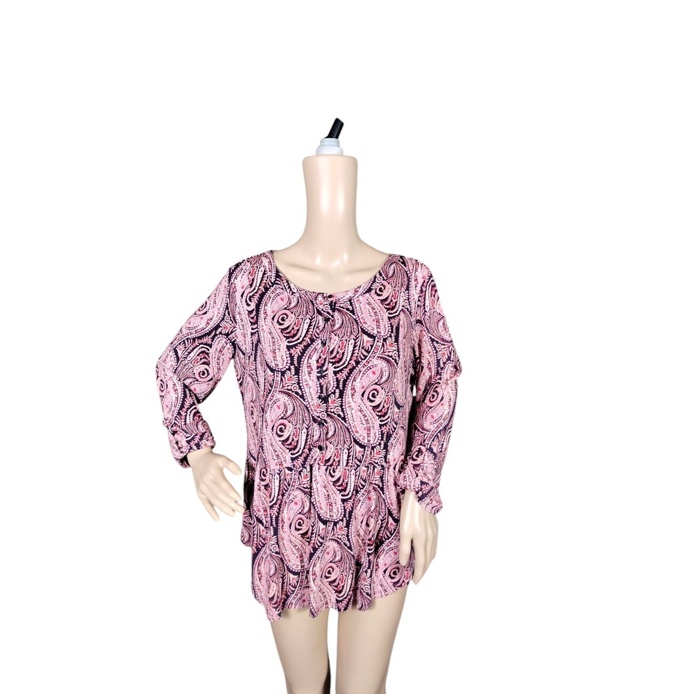 Westport 1962 Womens Paisley Print Tunic Blouse Long Sleeve Button Front Size L